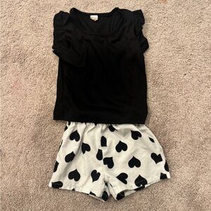 Black Top and Heart Print Shorts Set